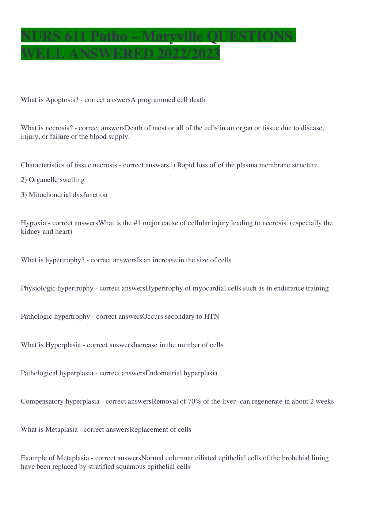 Preview image for NURS 611 Patho – Maryville QUESTIONS WELL ANSWERED 2022/2023